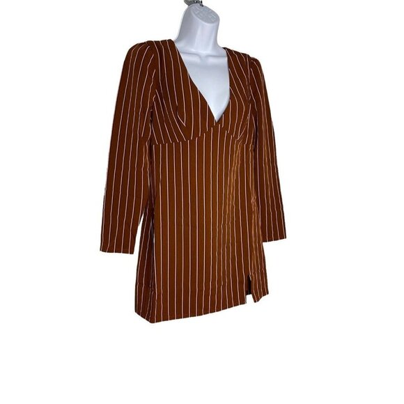 Privacy Please Woman's Curtis Mini Dress Brown Stripes Front Slit V-Neck SZ XXS‎ - Picture 3 of 9